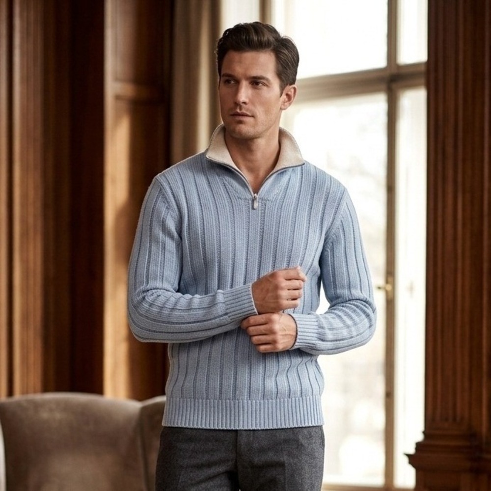 Brioni Quarter Zip Sweater Mens L Light Blue Ribbed Knit Luxury Pullover